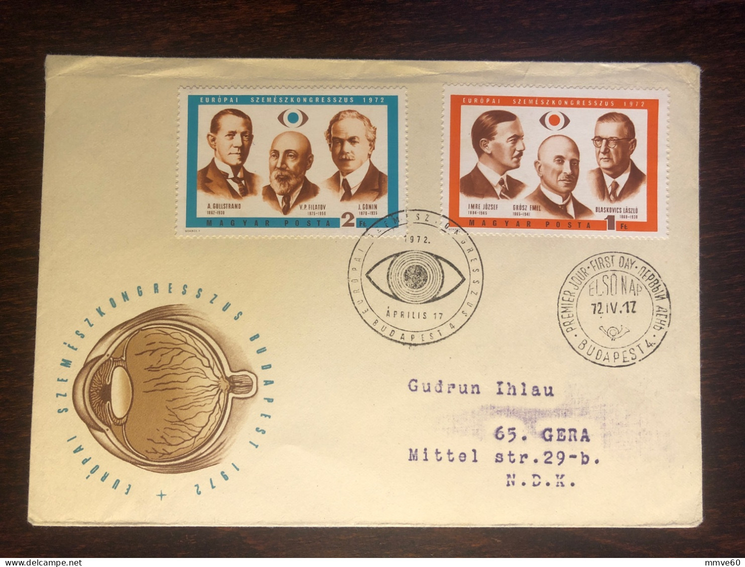 HUNGARY FDC COVER 1972 YEAR OPHTHALMOLOGY GONIN FILATOV HEALTH MEDICINE STAMPS - FDC