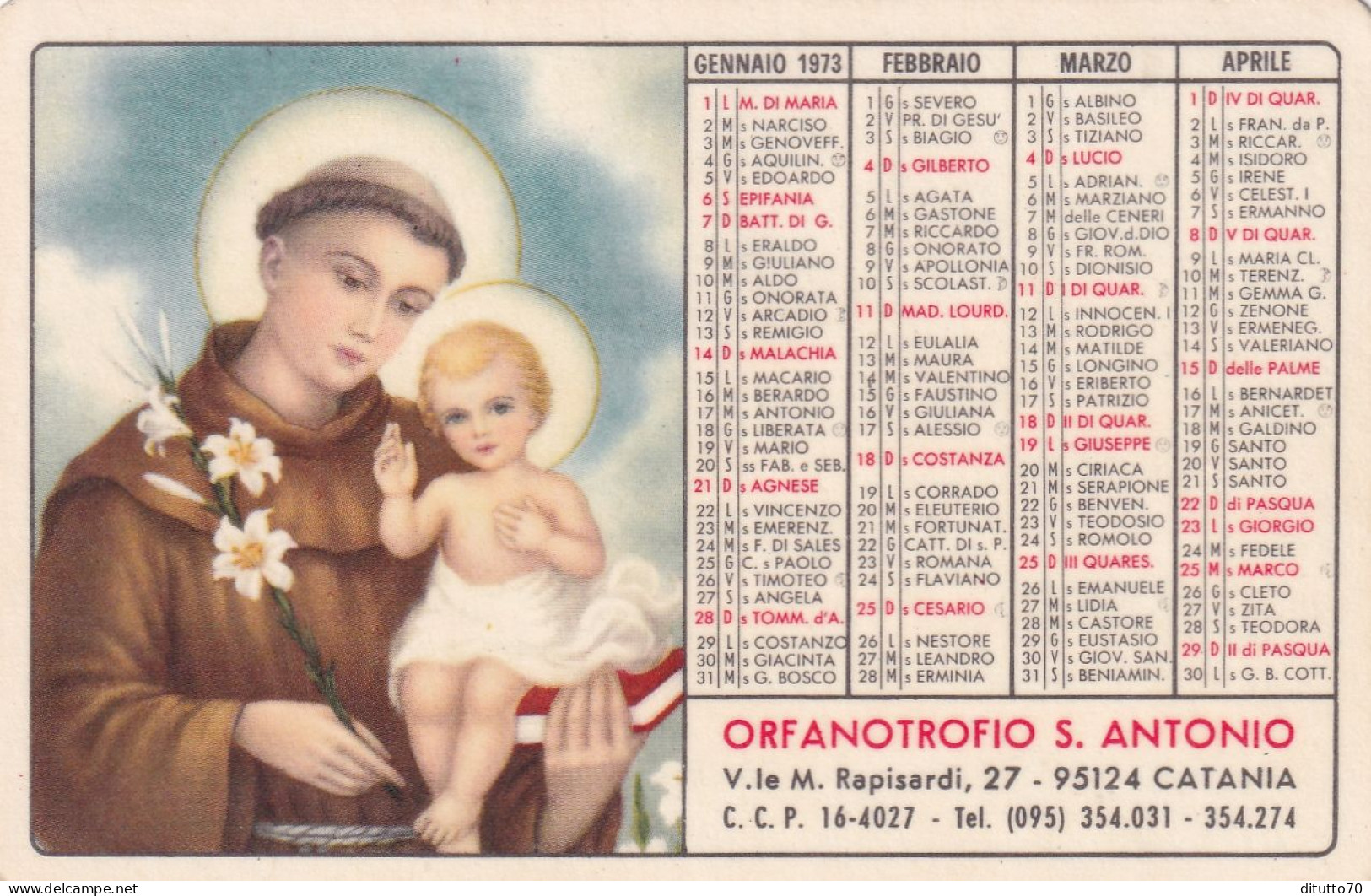 Calendarietto - Orfanotrofio S.antonio - Catania - Anno 1973 - Formato Piccolo : 1971-80