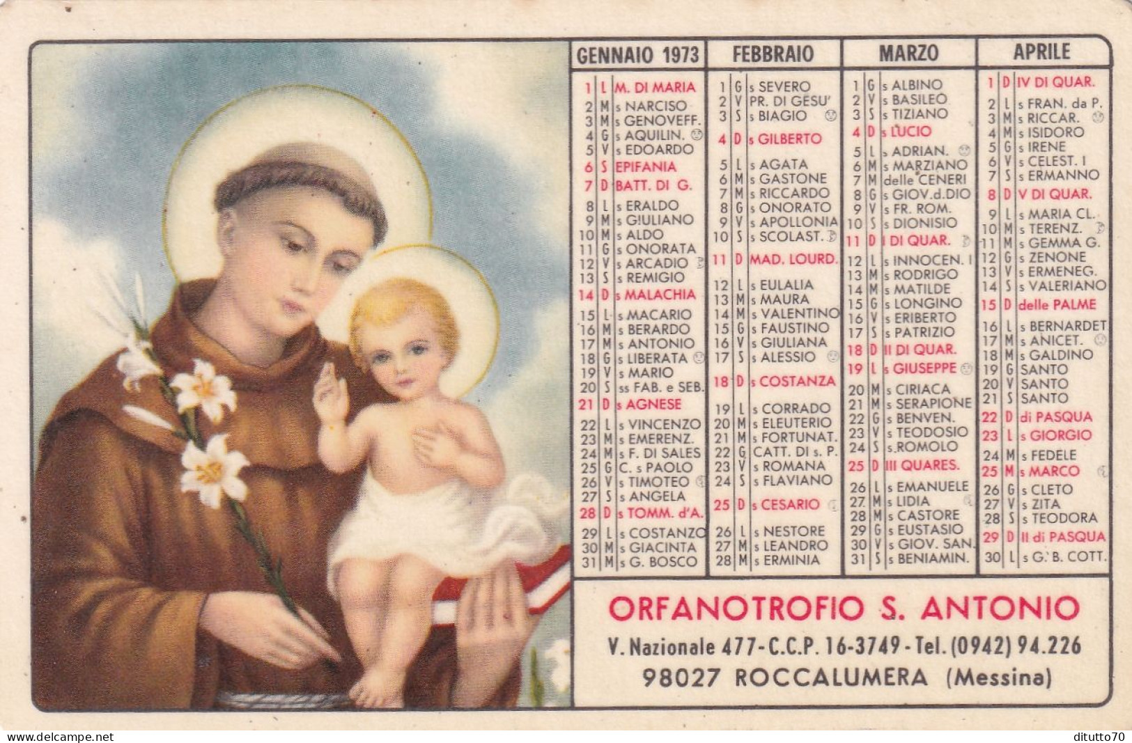 Calendarietto - Orfanotrofio S.antonio - Roccalumera - Messina - Anno 1973 - Formato Piccolo : 1971-80