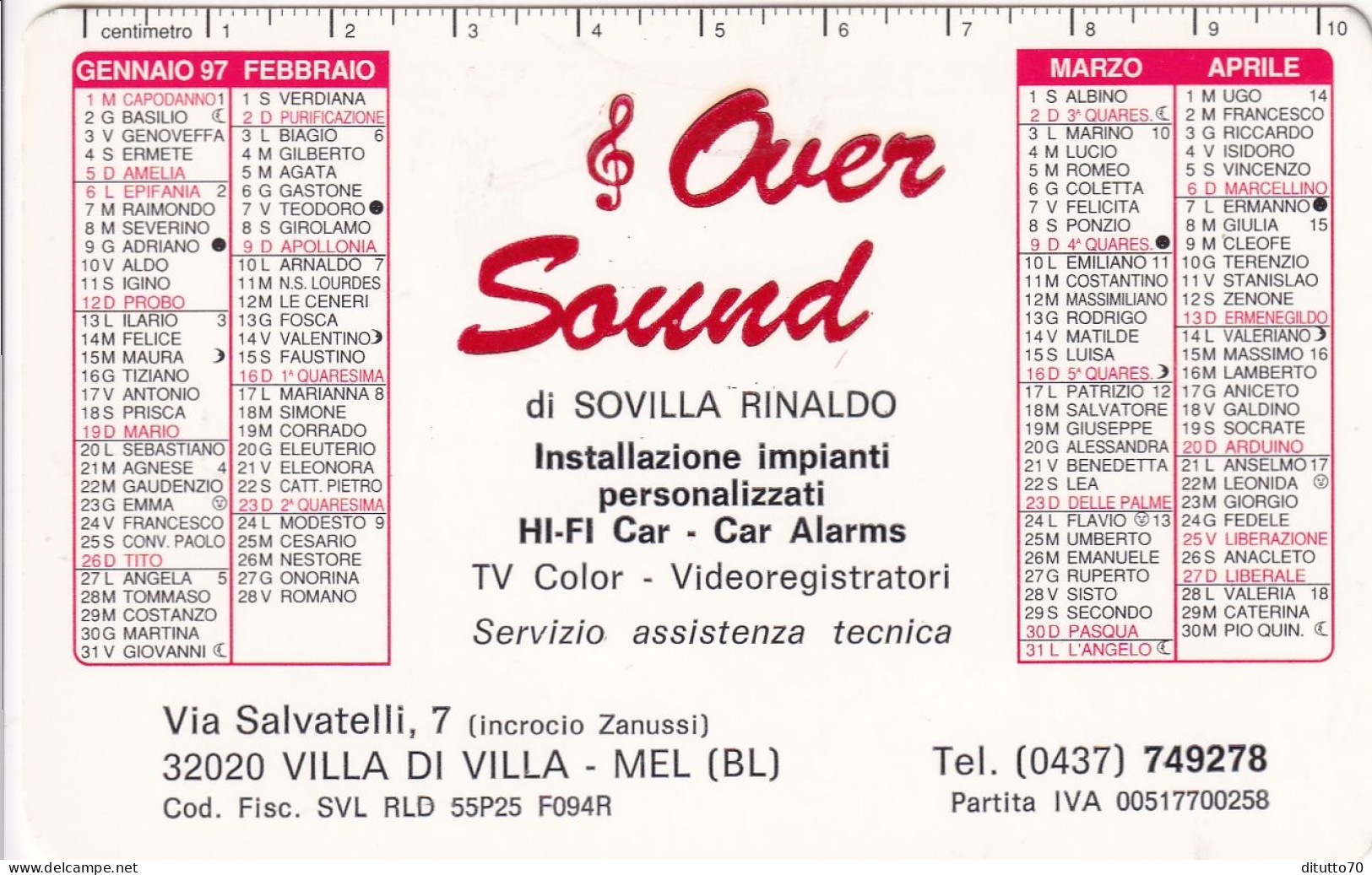 Calendarietto - Over Sound - Villa Di Villa - Mel - Belluno - Anno 1997 - Kleinformat : 1991-00