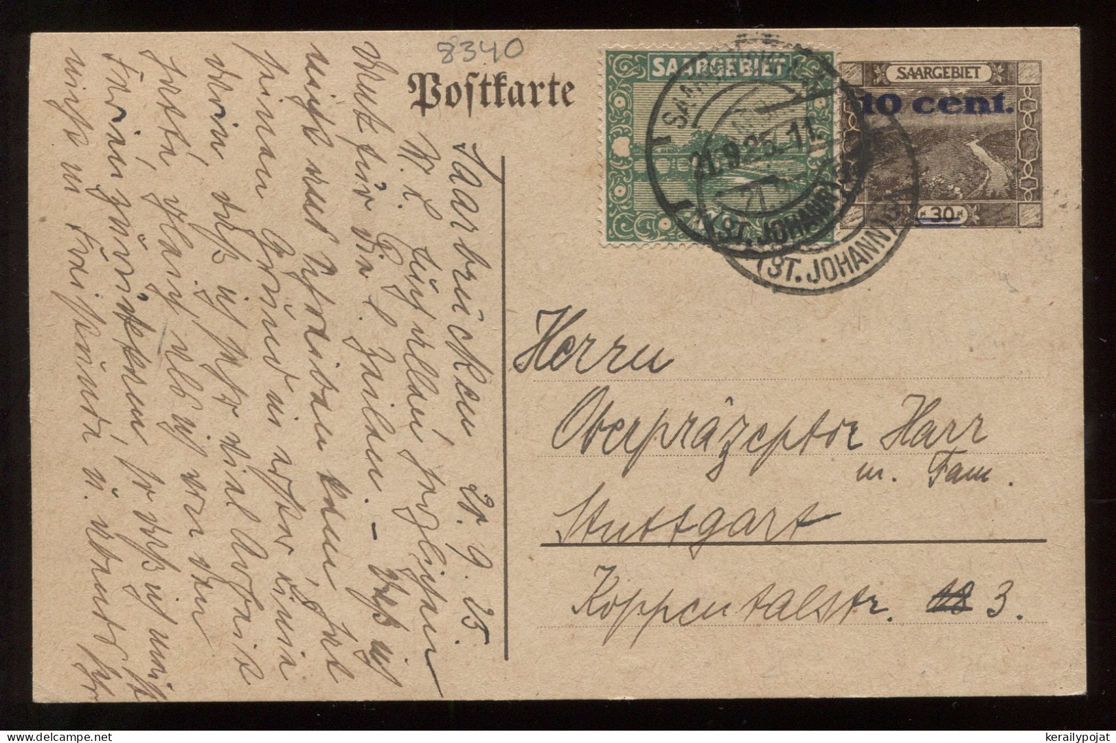 Saargebiet 1925 Saarbrucken Stationery Card To Stuttgart__(8340) - Entiers Postaux