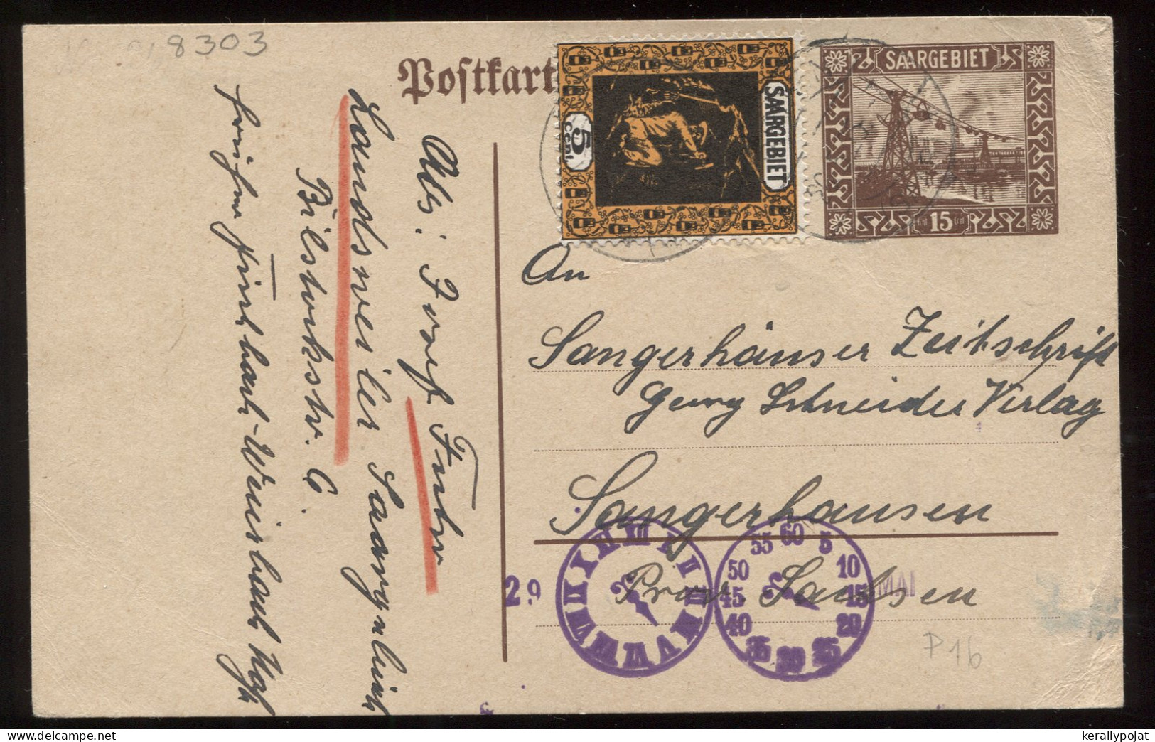 Saargebiet 1925 15c Stationery Card To Sangerhausen__(8303) - Postal Stationery