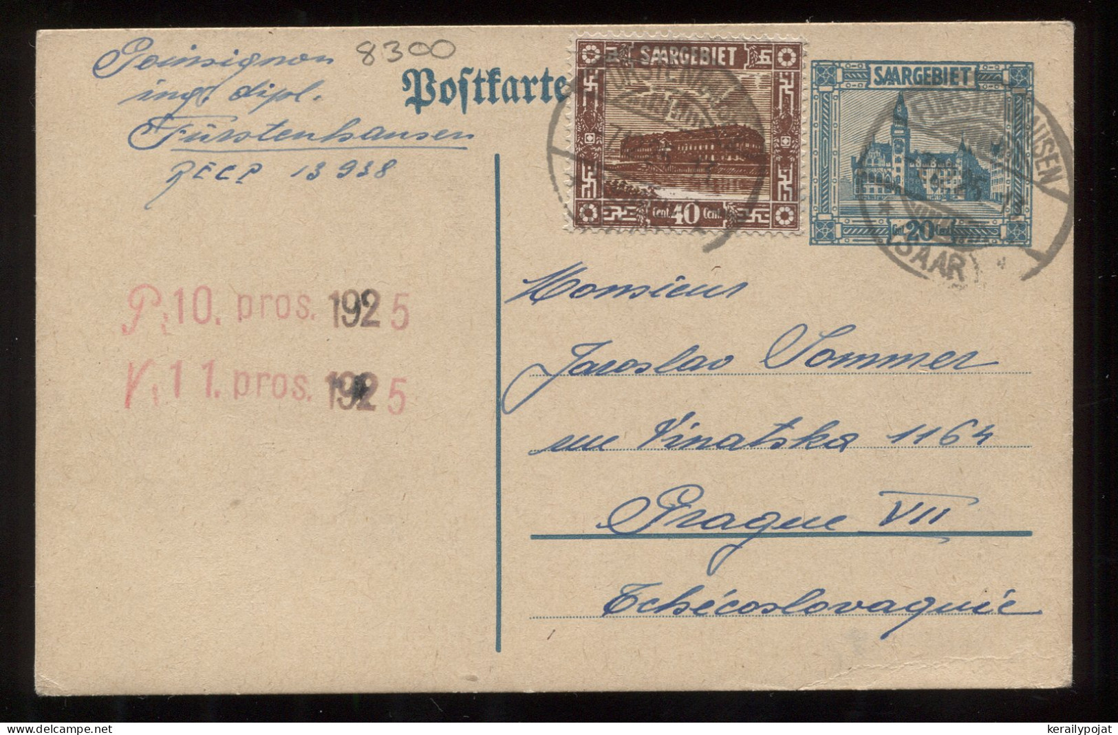 Saargebiet 1925 Fürstenhaussen Stationery Card To Prague__(8300) - Postwaardestukken