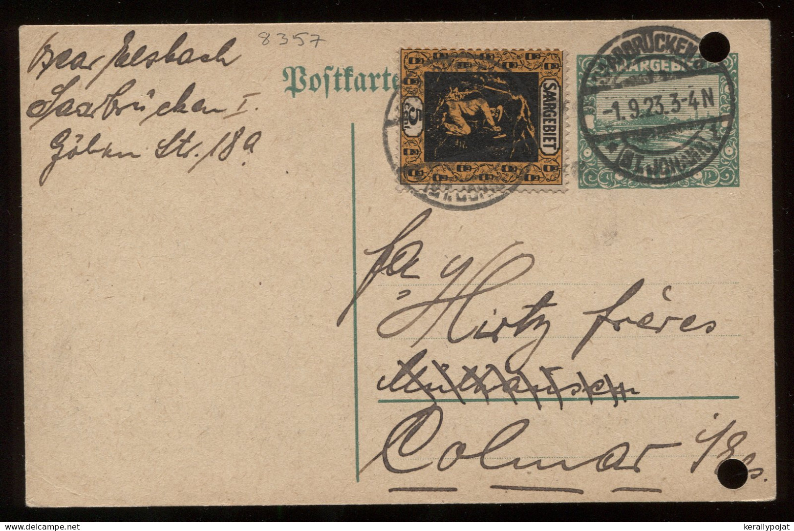 Saargebiet 1923 Saarbrucken Stationery Card To Colmar__(8357) - Enteros Postales