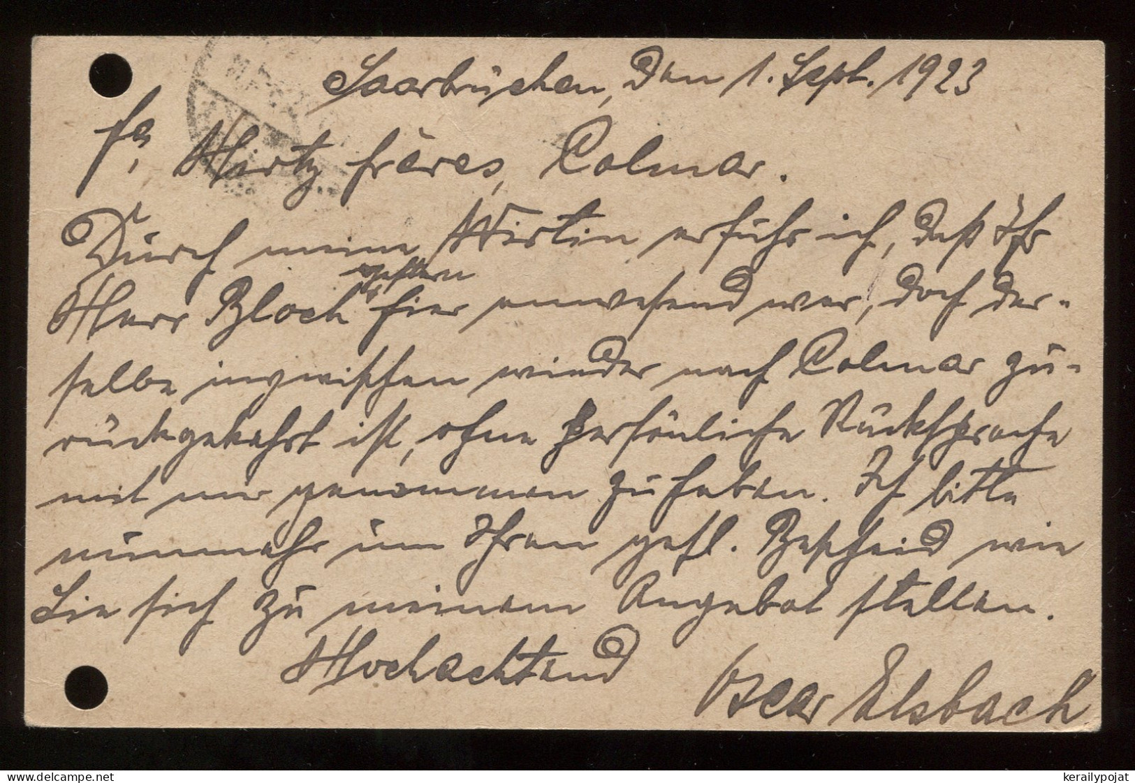 Saargebiet 1923 Saarbrucken Stationery Card To Colmar__(8357) - Ganzsachen