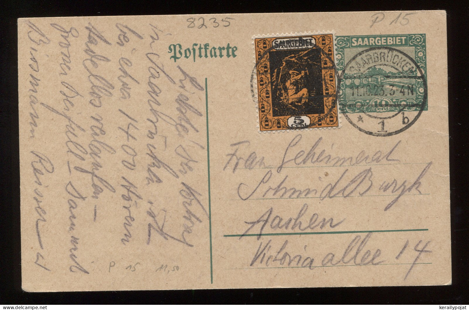 Saargebiet 1923 Saarbrucken 10c Stationery Card To Aachen__(8235) - Entiers Postaux