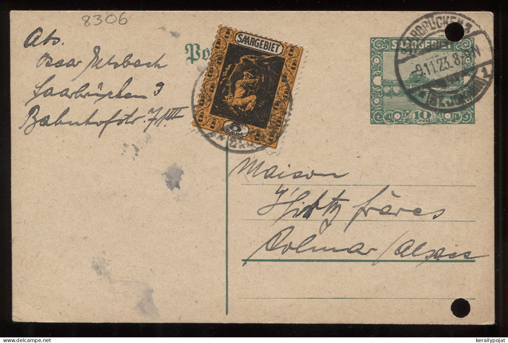 Saargebiet 1923 Saarbrucken 10c Stationery Card To Holmar__(8306) - Postal Stationery