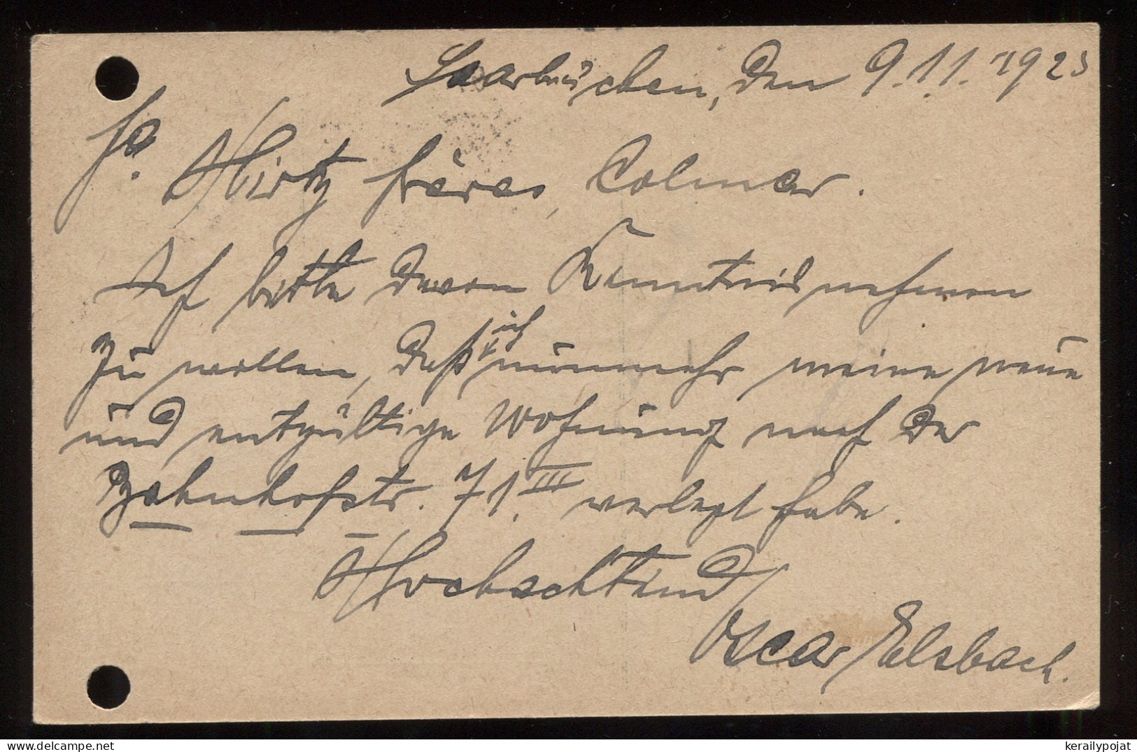 Saargebiet 1923 Saarbrucken 10c Stationery Card To Holmar__(8306) - Postwaardestukken