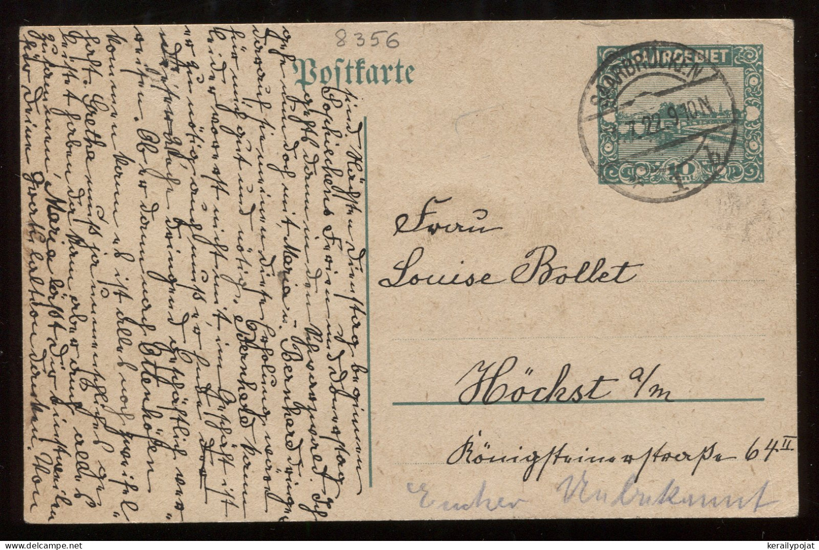 Saargebiet 1922 Saarbrucken Stationery Card__(8356) - Postal Stationery