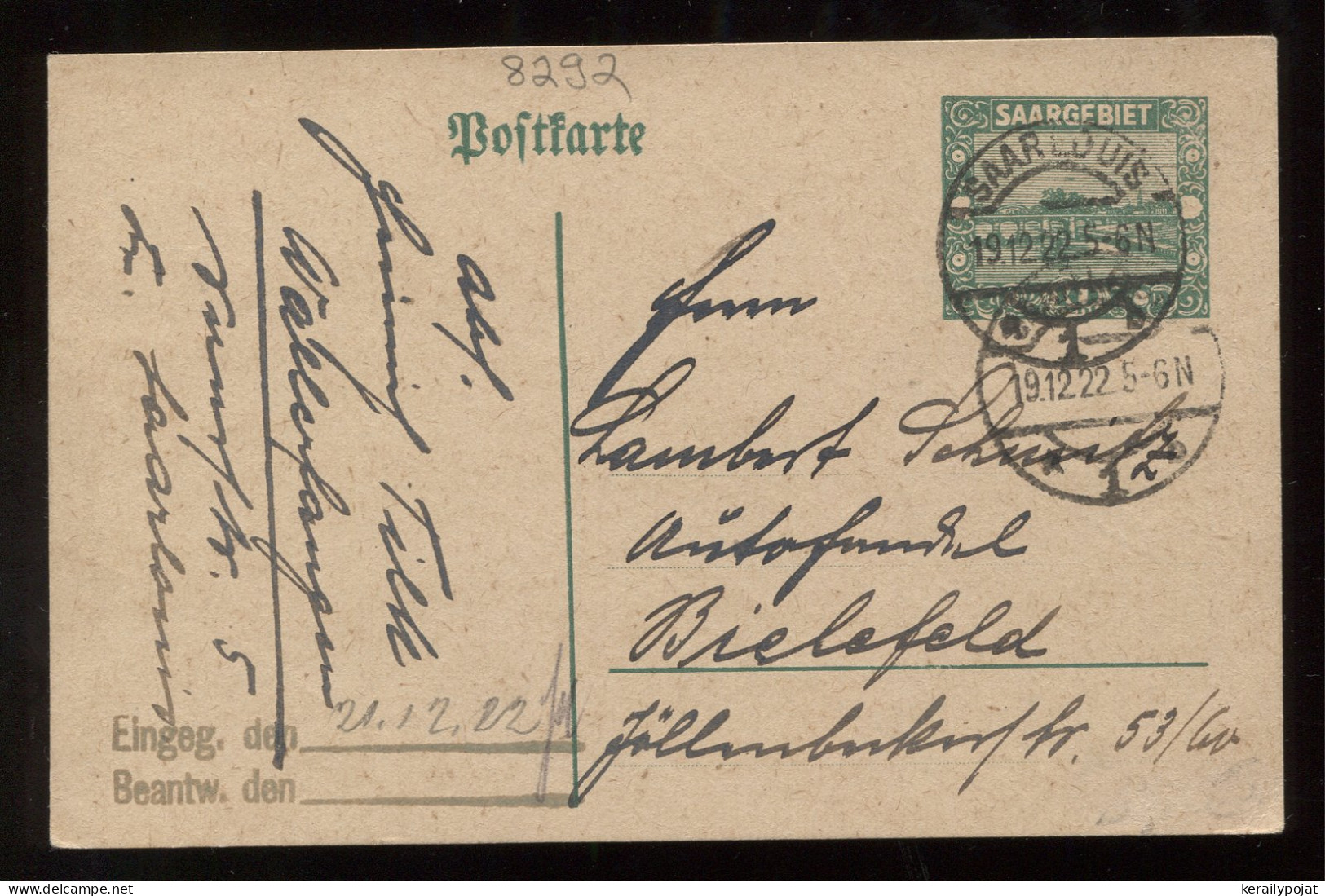 Saargebiet 1922 Saarbrucken Stationery Card To Bielefeld__(8292) - Ganzsachen