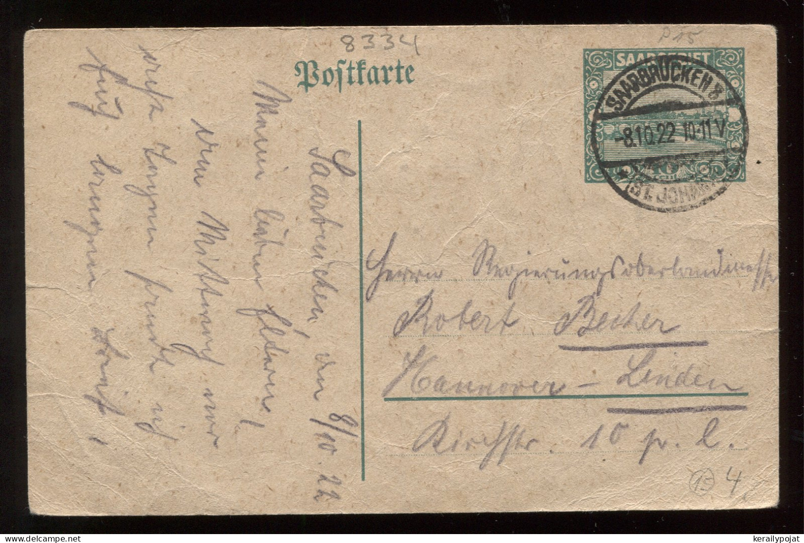 Saargebiet 1922 Saarbrucken Stationery Card To Hannover__(8334) - Postal Stationery