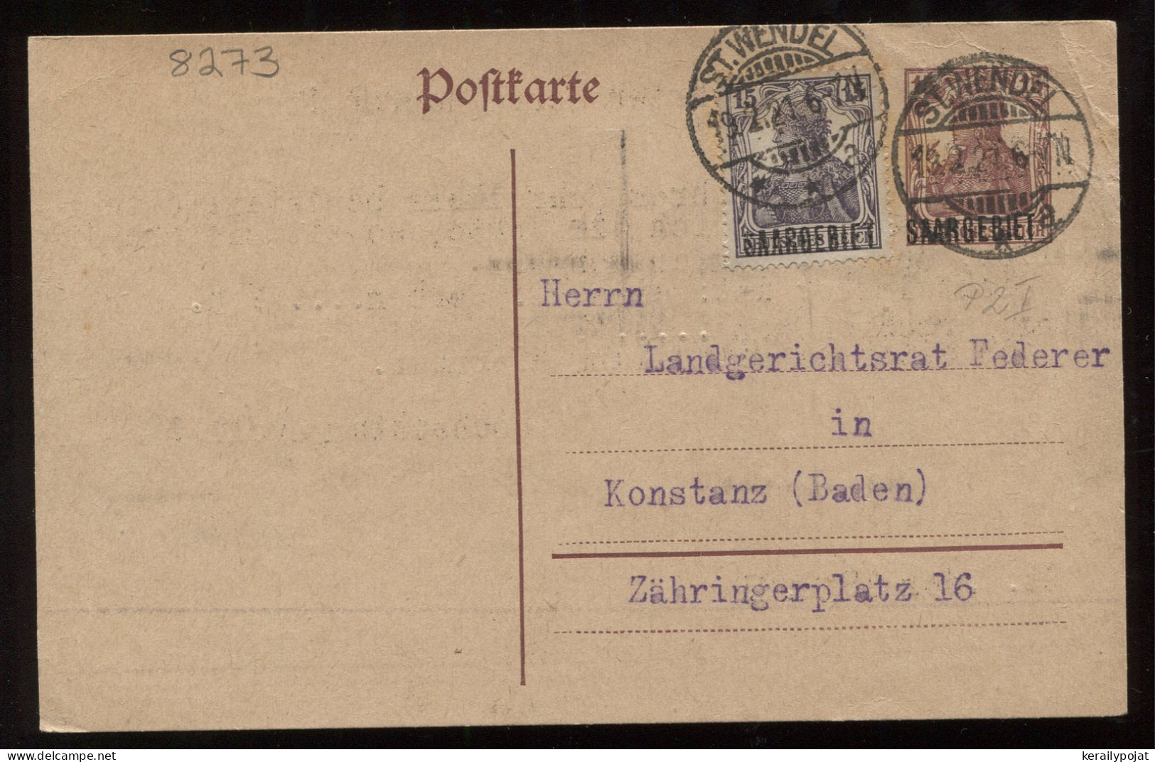 Saargebiet 1921 St.Wendel Stationery Card To Konstanz__(8273) - Ganzsachen