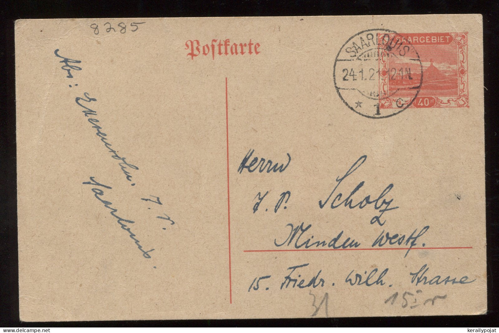 Saargebiet 1921 Saarlouis Stationery Card To Minden__(8285) - Postal Stationery