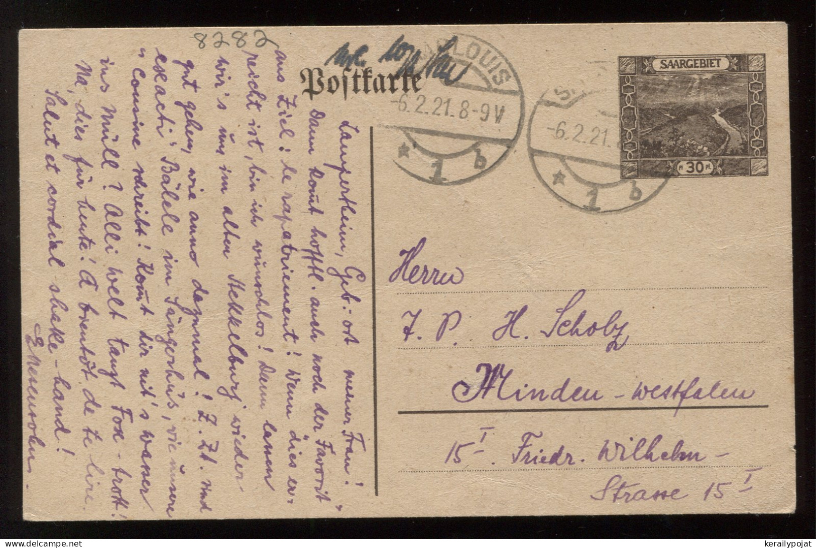 Saargebiet 1921 St.Louis Stationery Card To Minden__(8282) - Enteros Postales