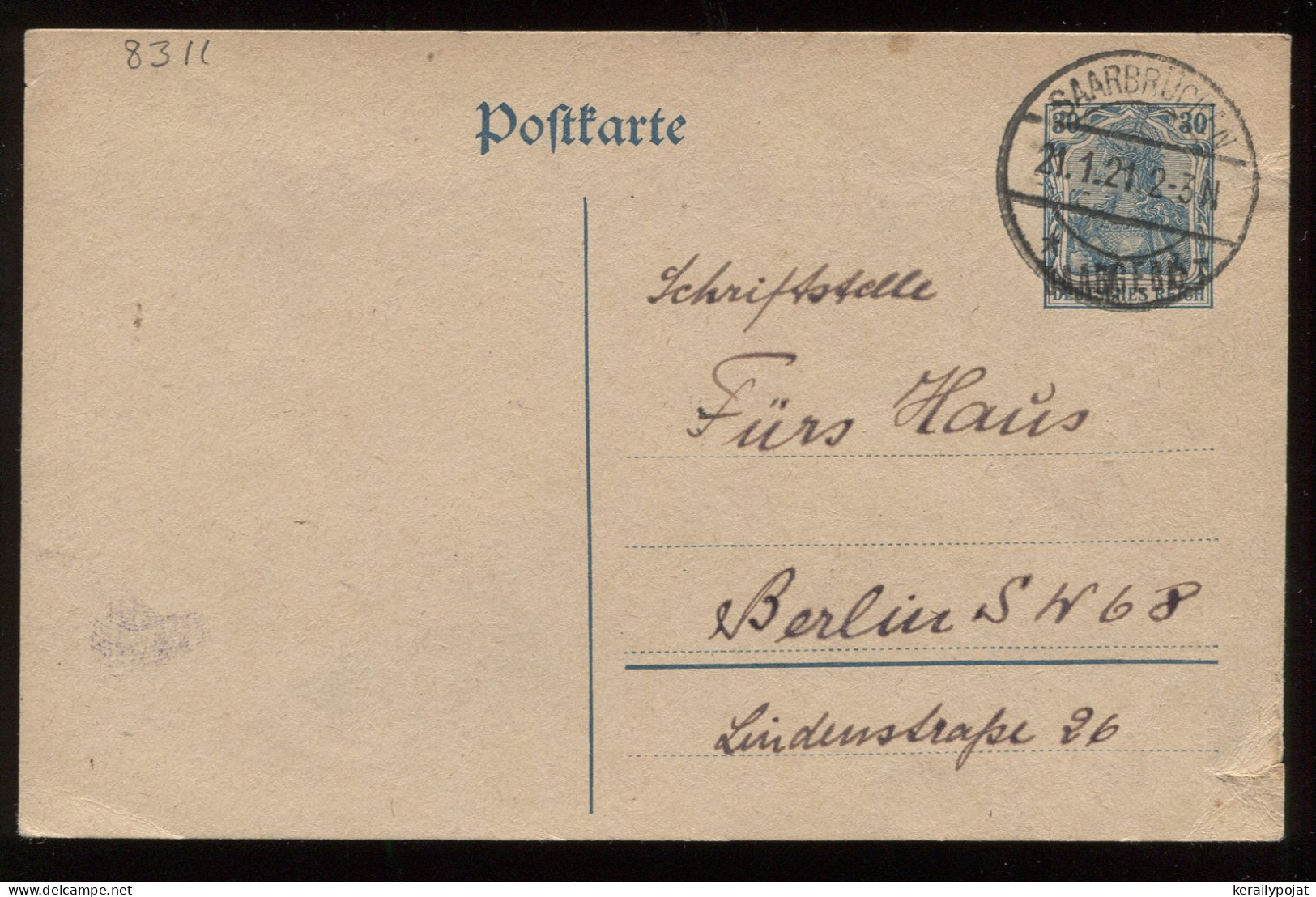 Saargebiet 1921 Saarbrucken 30pf Stationery Card To Berlin__(8311) - Entiers Postaux