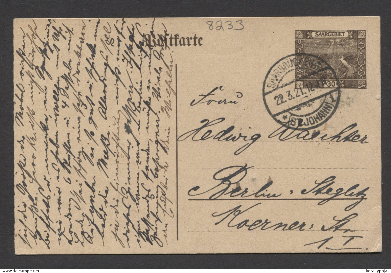 Saargebiet 1921 Saarbrucken 30c Stationery Card To Berlin__(8233) - Postwaardestukken