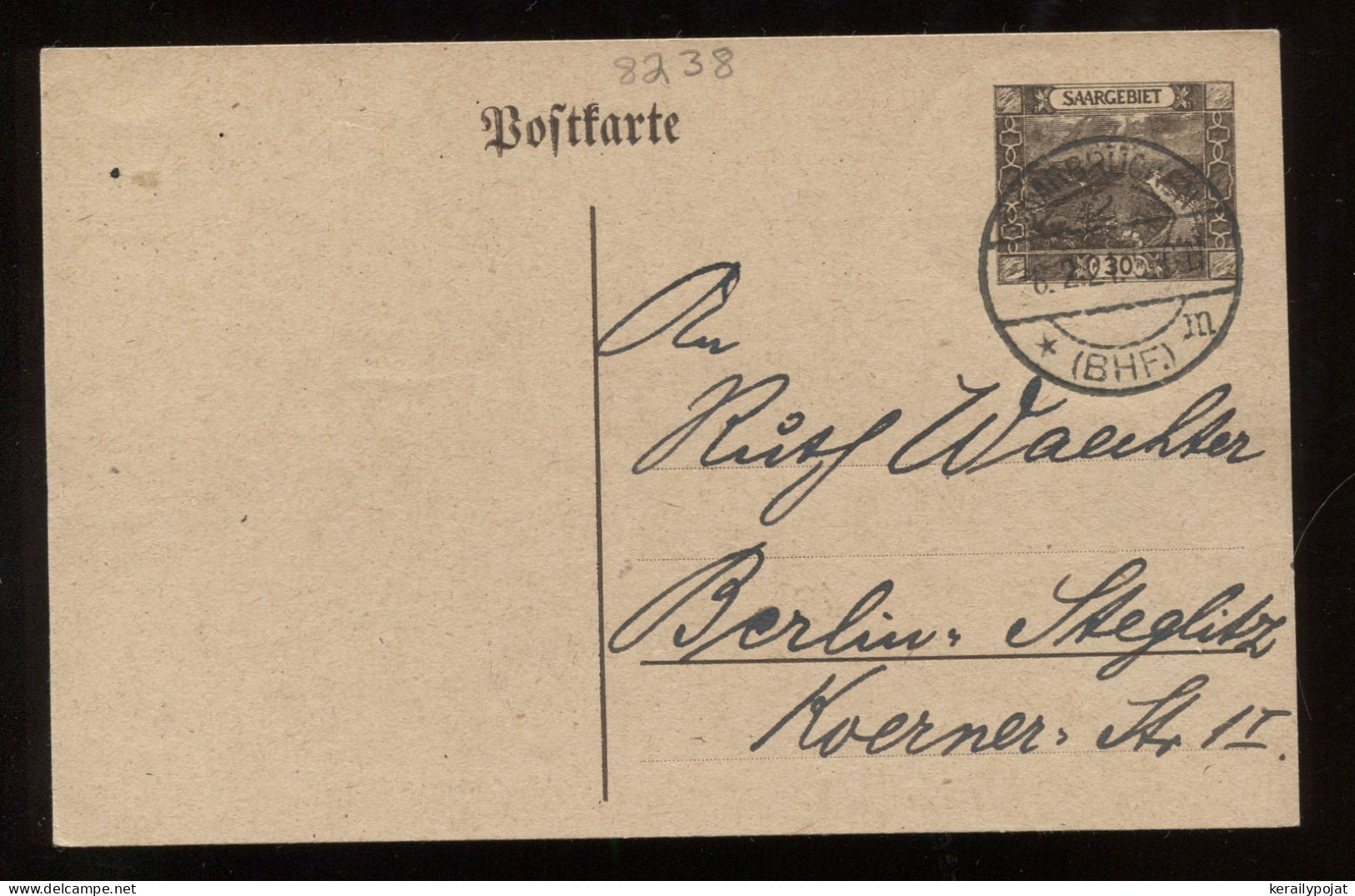 Saargebiet 1921 Saarbrucken 30c Stationery Card To Berlin__(8238) - Postal Stationery