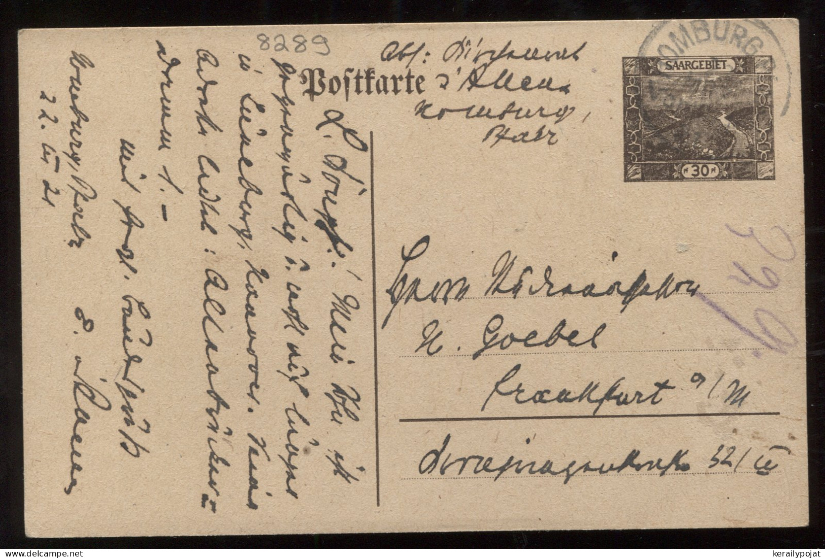 Saargebiet 1921 Homburg Stationery Card To Frankfurt__(8289) - Enteros Postales