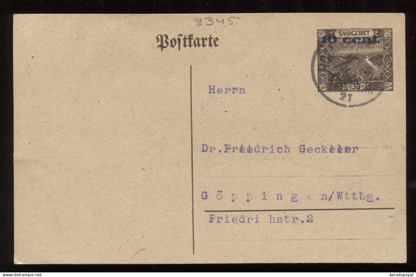Saargebiet 1921 Homburg Stationery Card To Göppingen__(8345) - Ganzsachen