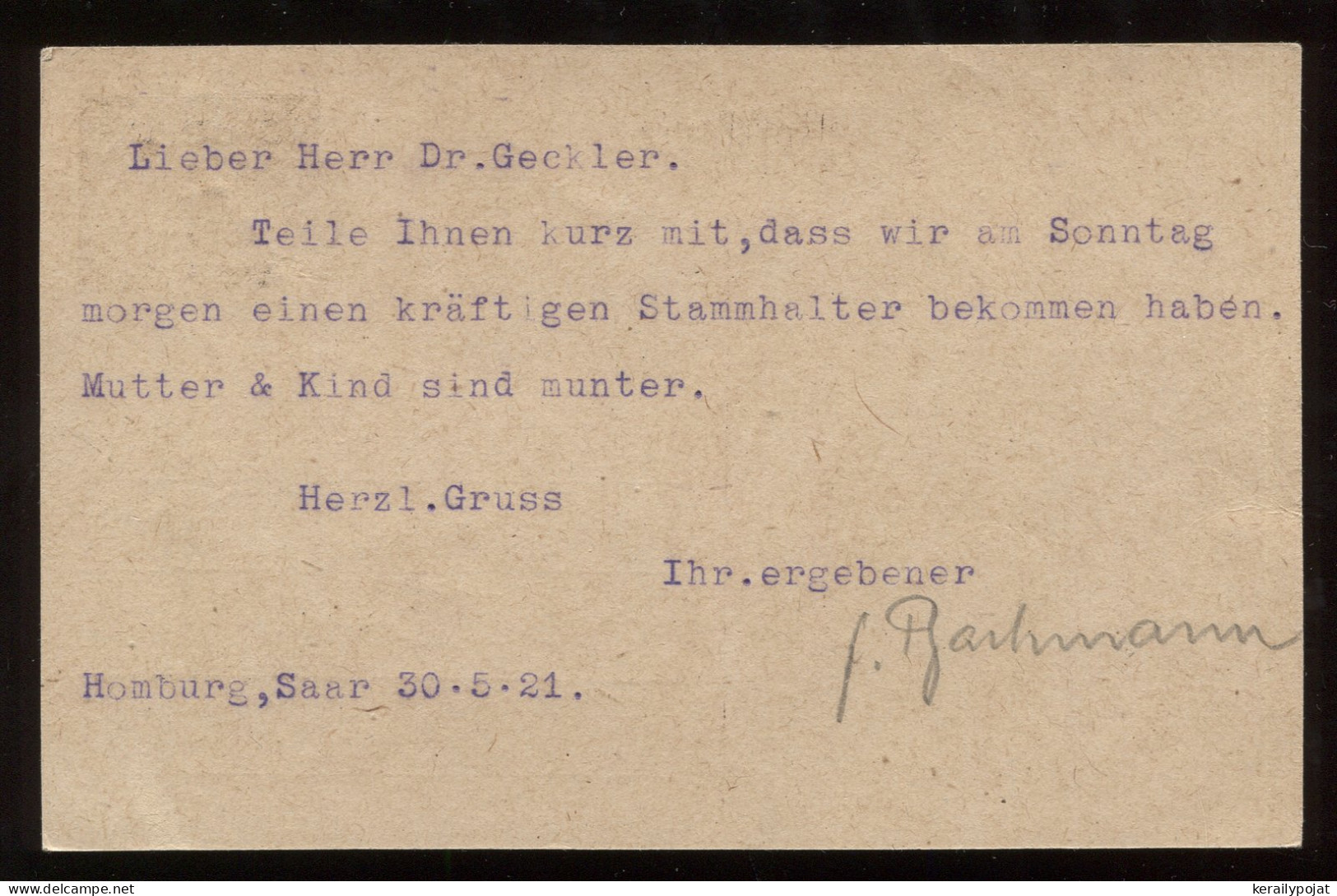 Saargebiet 1921 Homburg Stationery Card To Göppingen__(8345) - Entiers Postaux