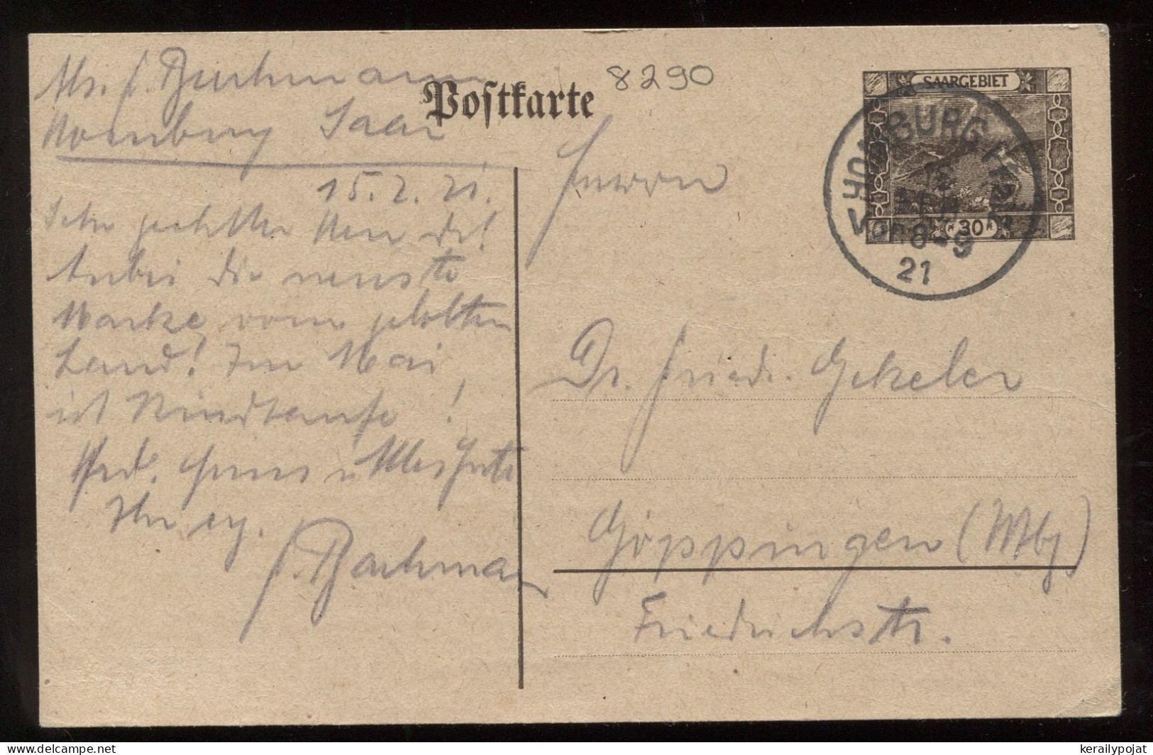 Saargebiet 1921 Homburg Stationery Card To Gippingen__(8290) - Ganzsachen