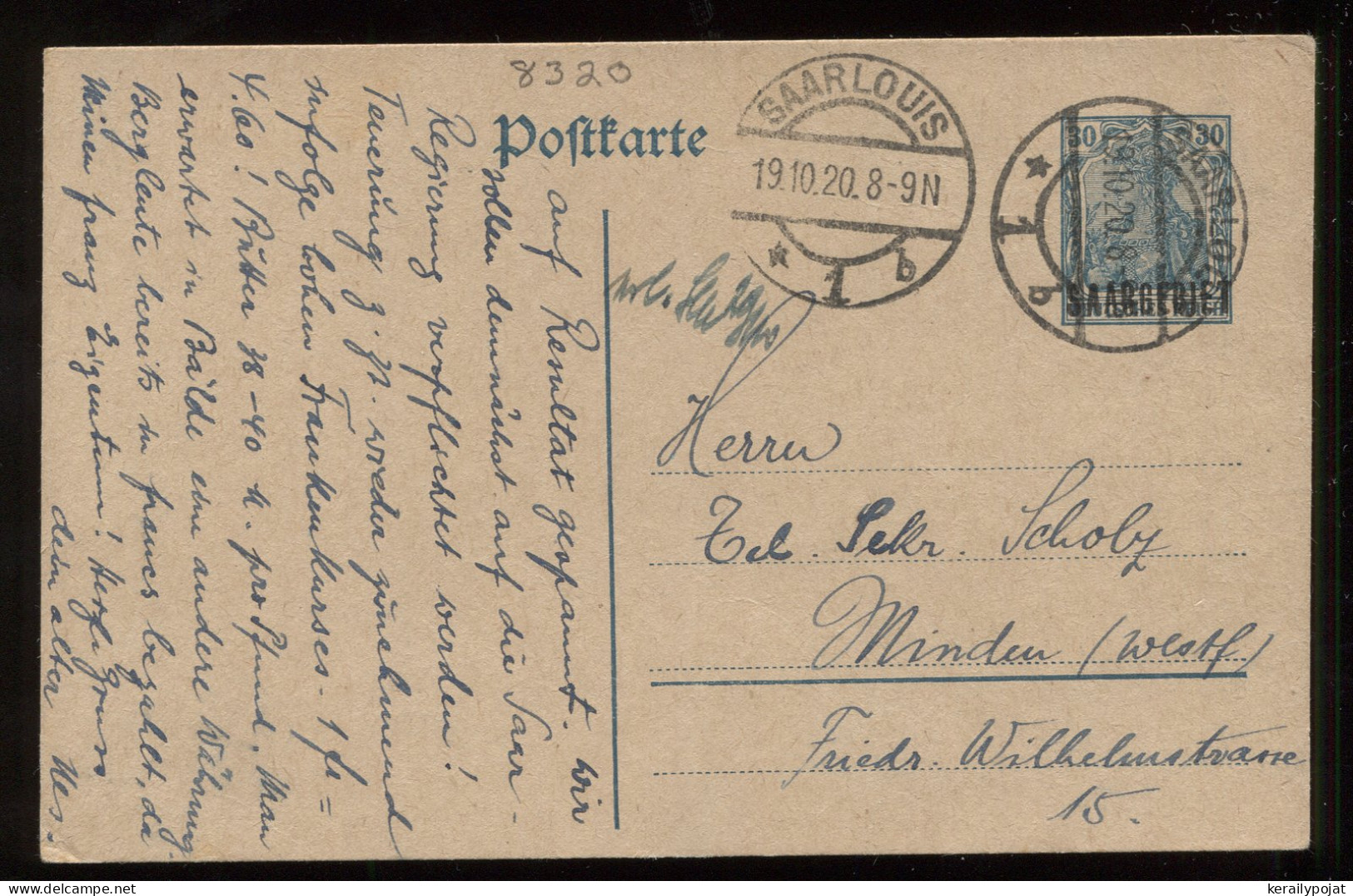 Saargebiet 1920 Saarlouis Stationery Card To Minden__(8320) - Ganzsachen