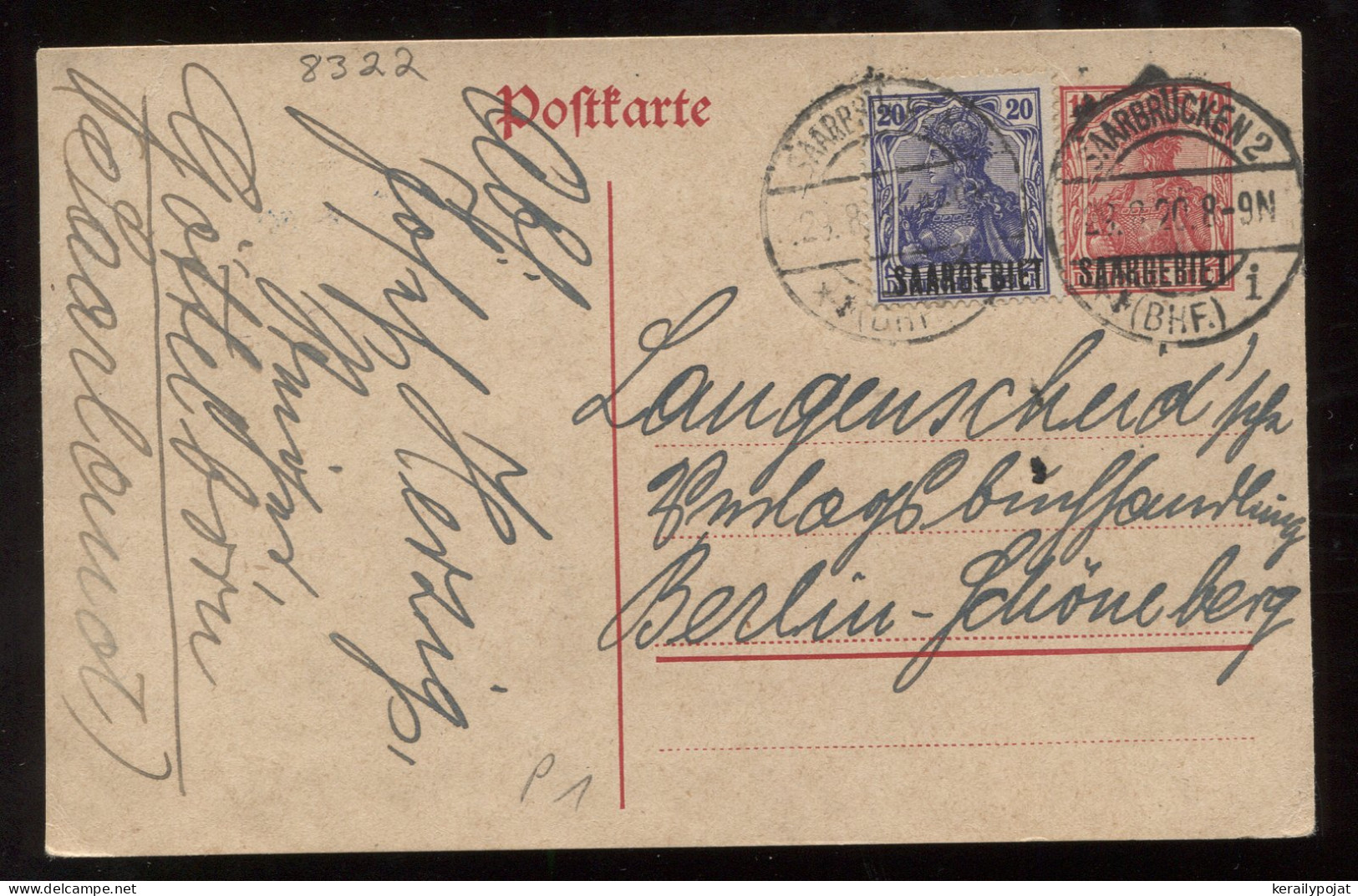 Saargebiet 1920 Saarbrucken Stationery Card To Berlin__(8322) - Postwaardestukken