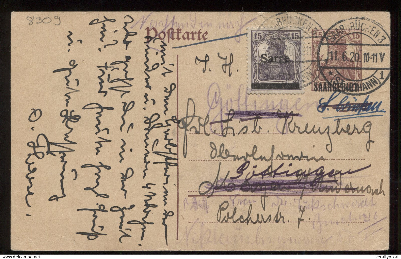 Saargebiet 1920 Saarbrucken 3 Stationery Card To Göttlingen__(8309) - Postal Stationery