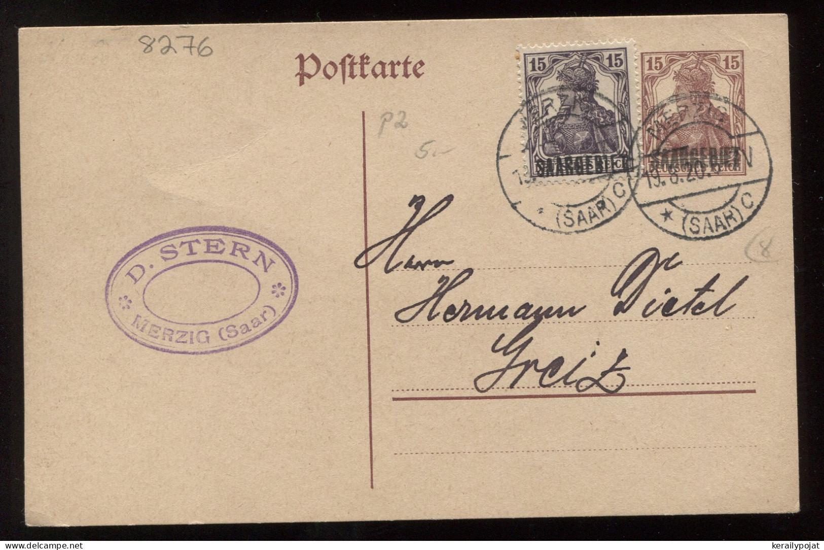 Saargebiet 1920 Merzig 15pf Stationery Card__(8276) - Entiers Postaux