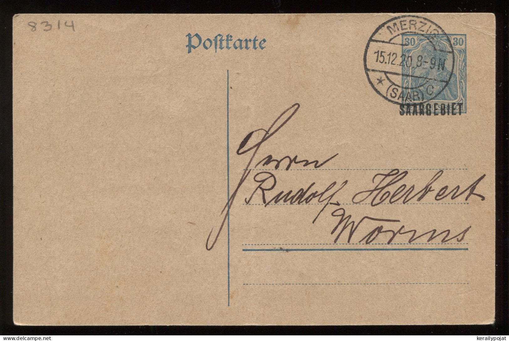 Saargebiet 1920 Merzig 30f Stationery Card To Worms__(8314) - Ganzsachen