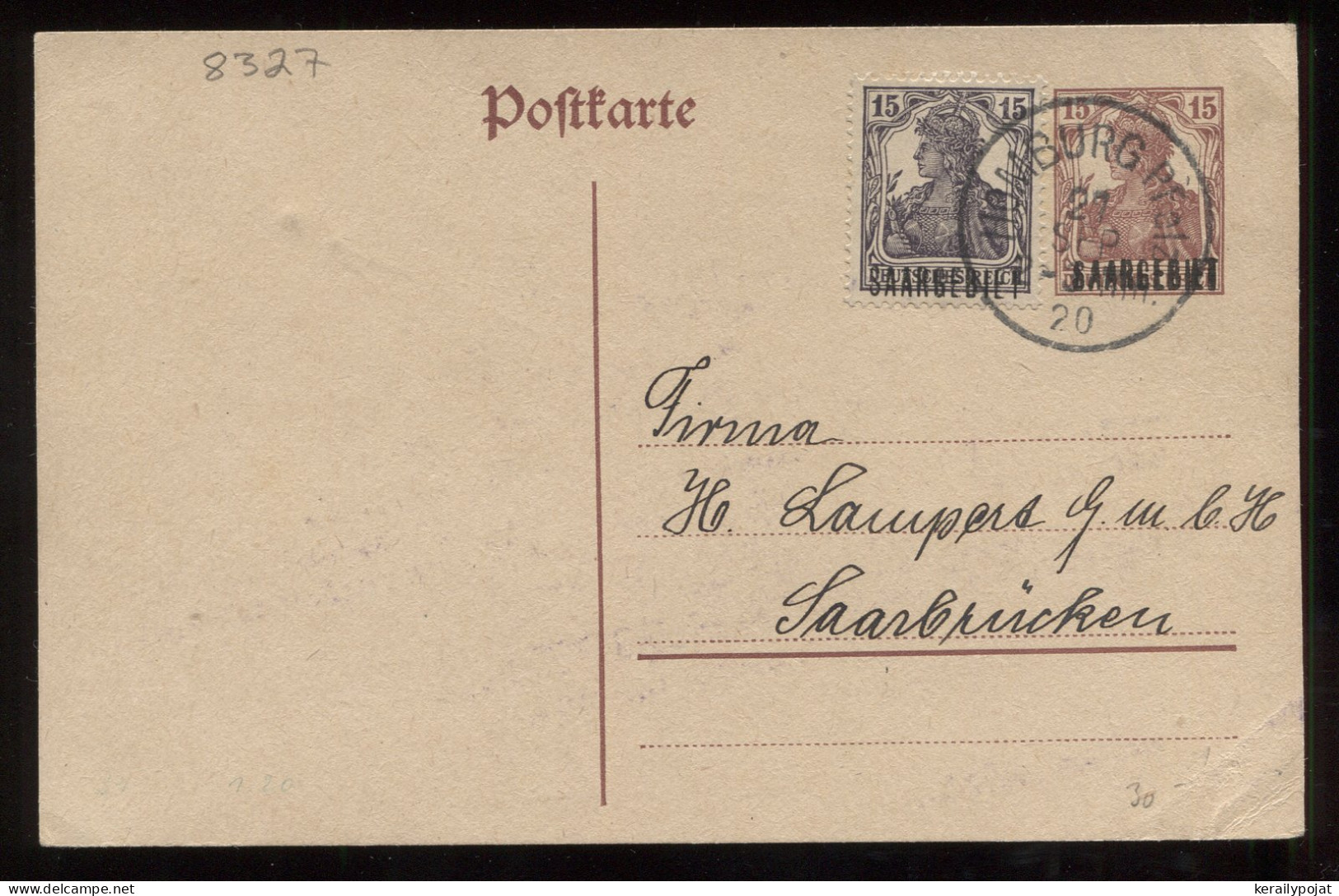 Saargebiet 1920 Homburg Stationery Card To Saarbrucken__(8327) - Interi Postali