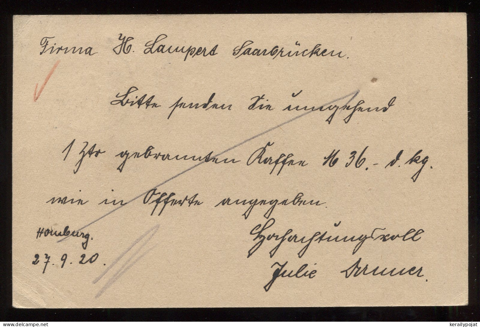 Saargebiet 1920 Homburg Stationery Card To Saarbrucken__(8327) - Postal Stationery