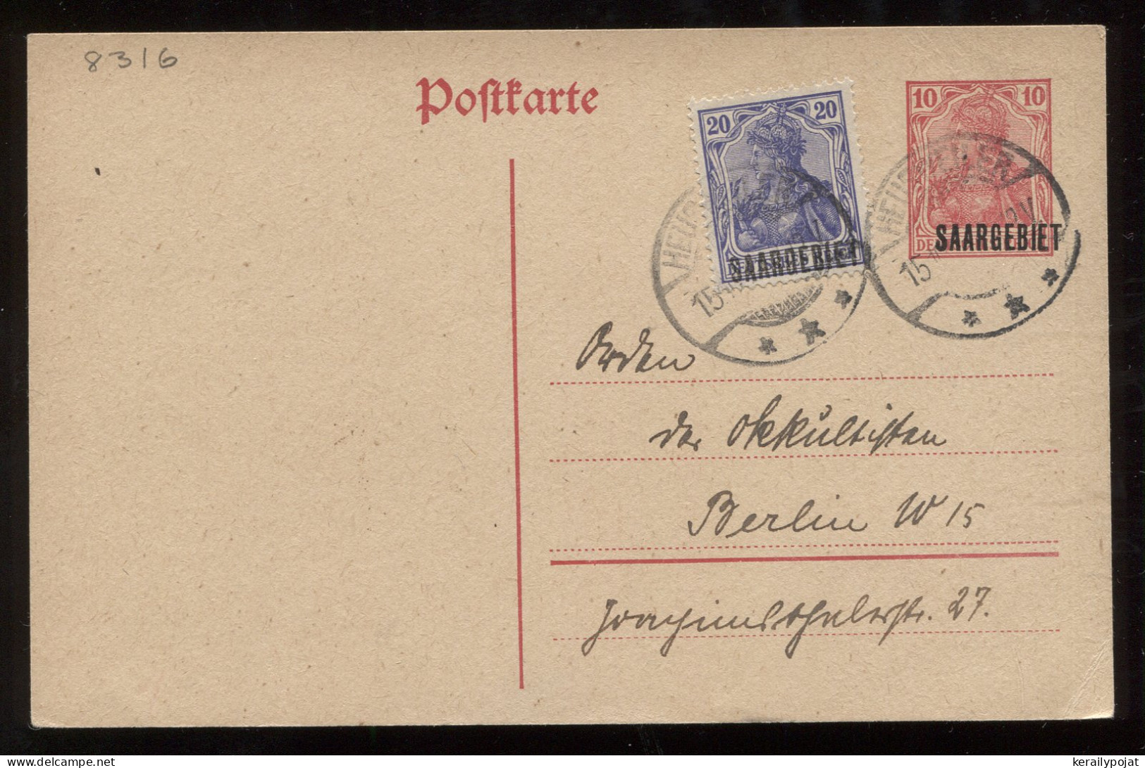 Saargebiet 1920 Heusweiler Stationery Card To Berlin__(8316) - Postal Stationery