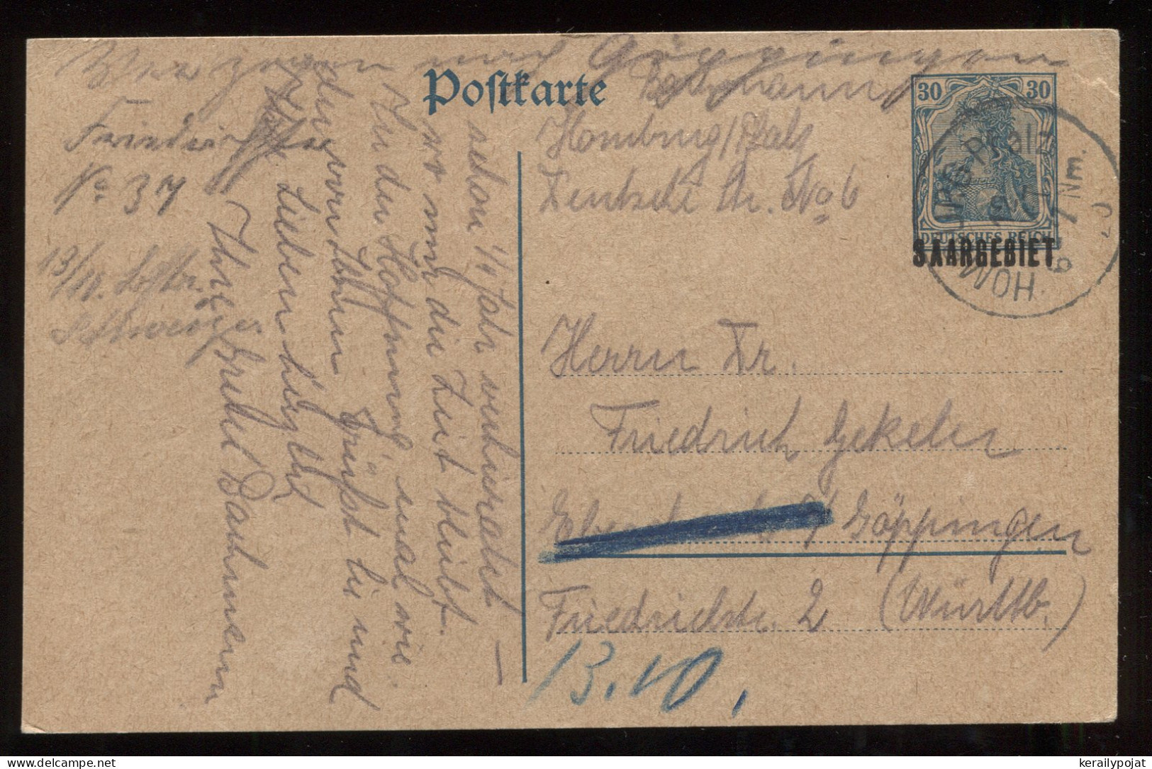 Saargebiet 1920 Homburg 30pf Stationery Card To Göppingen__(8321) - Entiers Postaux