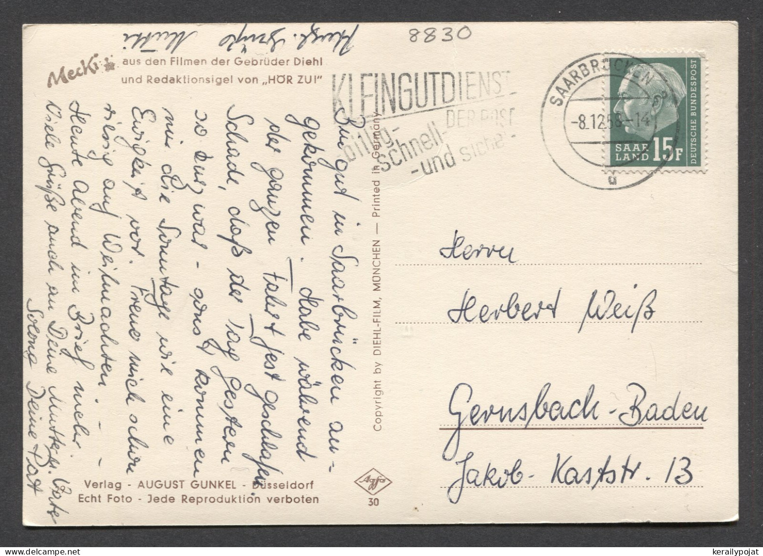 Saar 1958 Saarbrucken 2 Slogan Cancellation Card__(8830) - Lettres & Documents