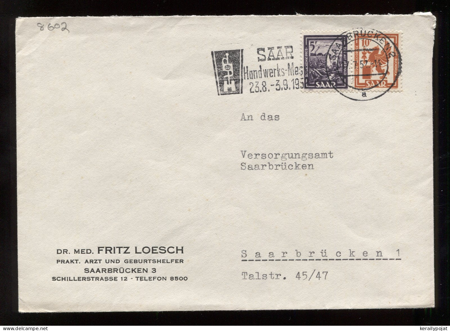 Saar 1957 Saarbrucken 2 Slogan Cancellation Cover__(8602) - Briefe U. Dokumente