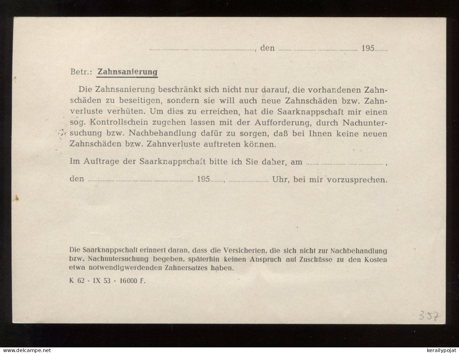 Saar 1957 Saarbrucken 2 Saarknappschaft Card__(8815) - Cartas & Documentos