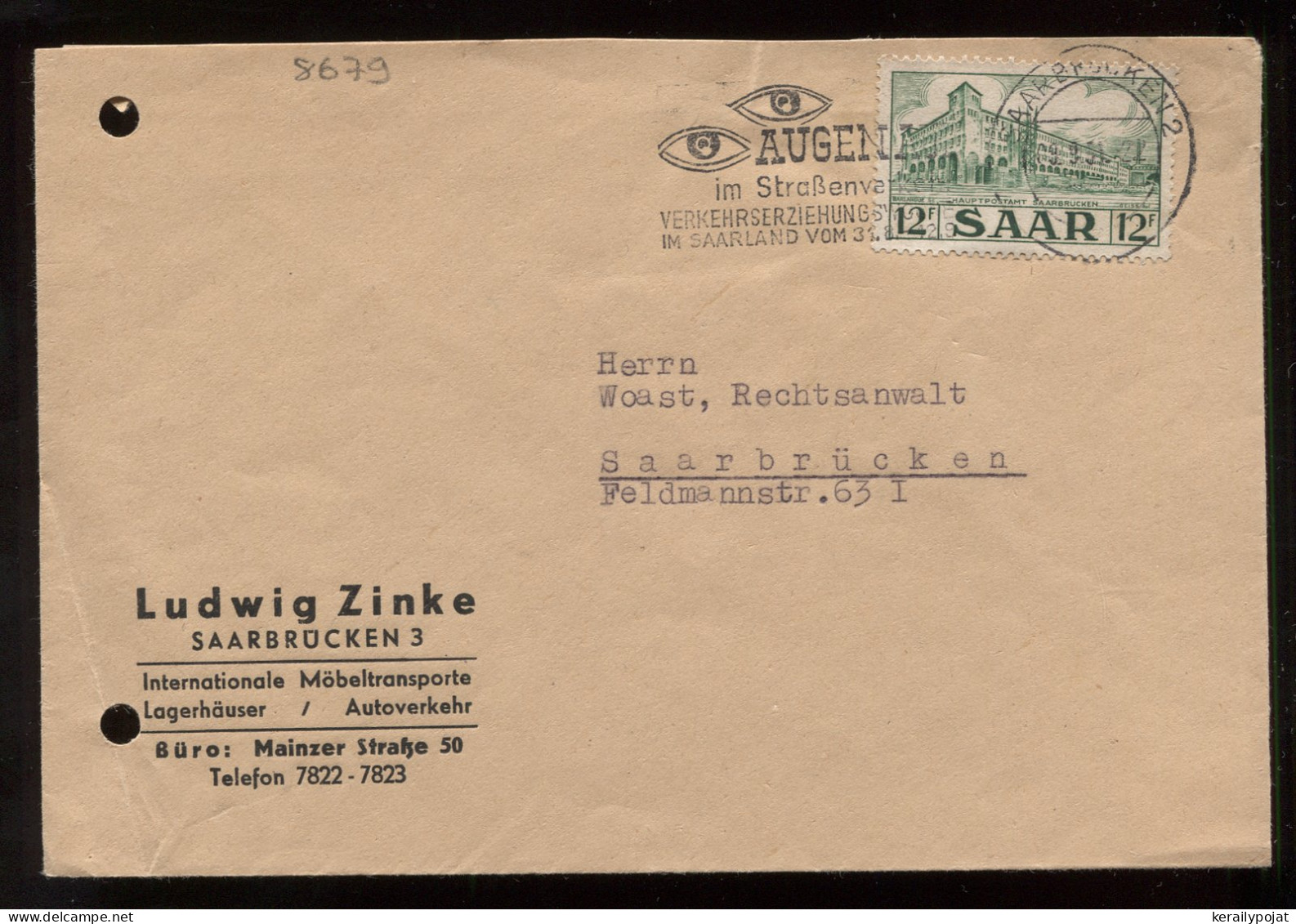 Saar 1951 Saarbrucken 2 Slogan Cancellation Cover__(8679) - Lettres & Documents