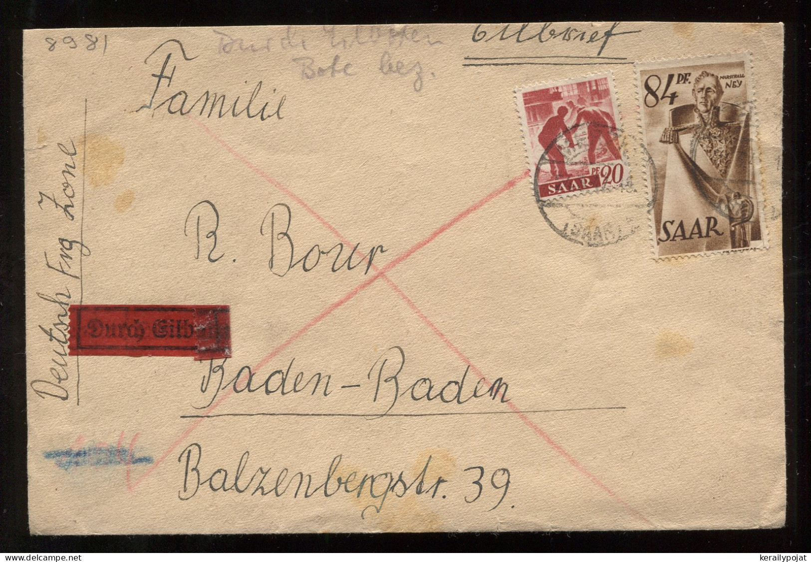 Saar 1947 Durch Eilboten Cover To Baden-Baden__(8981) - Storia Postale