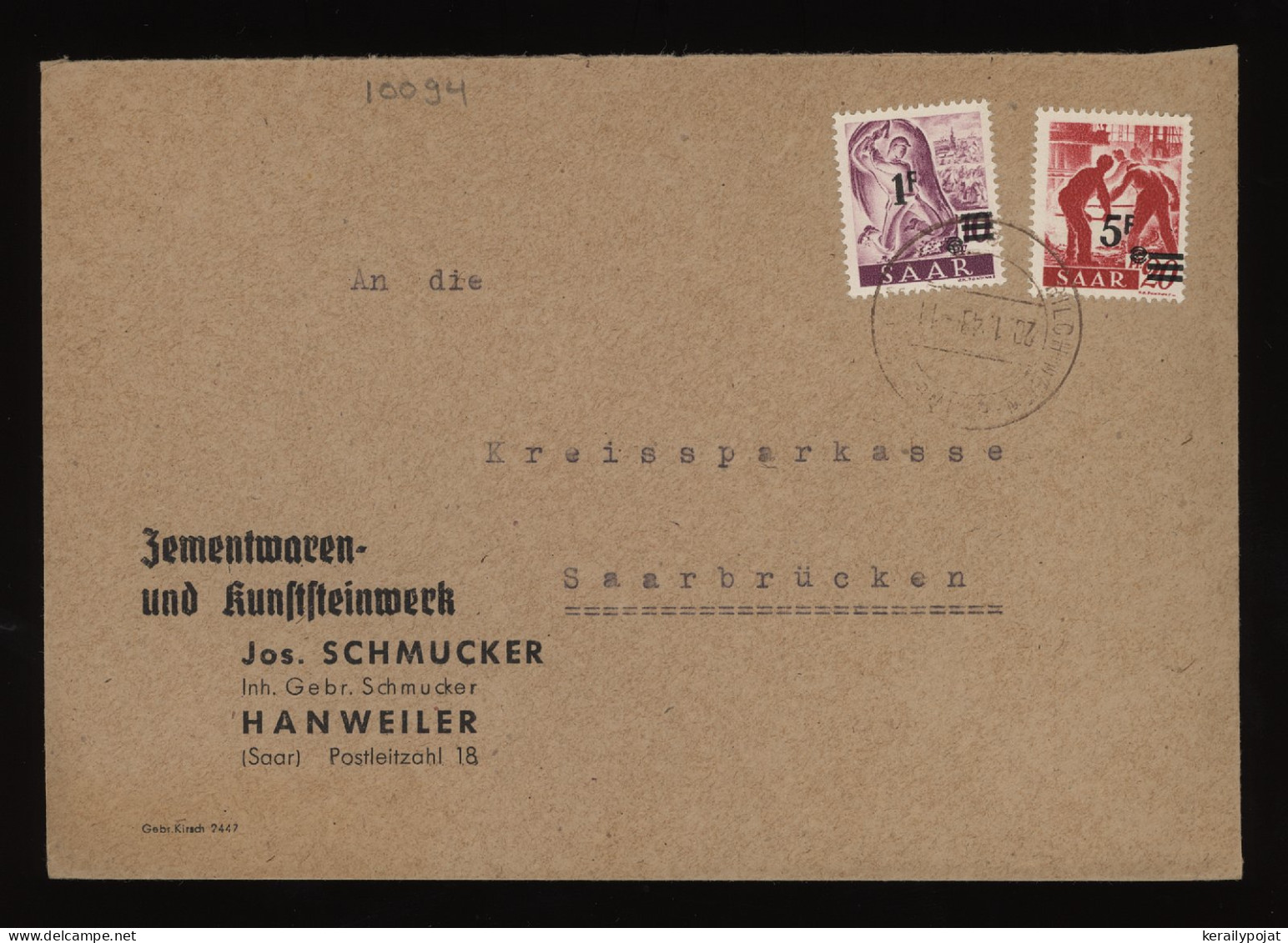 Saar 1948 Hanweiler Business Cover__(10094) - Lettres & Documents