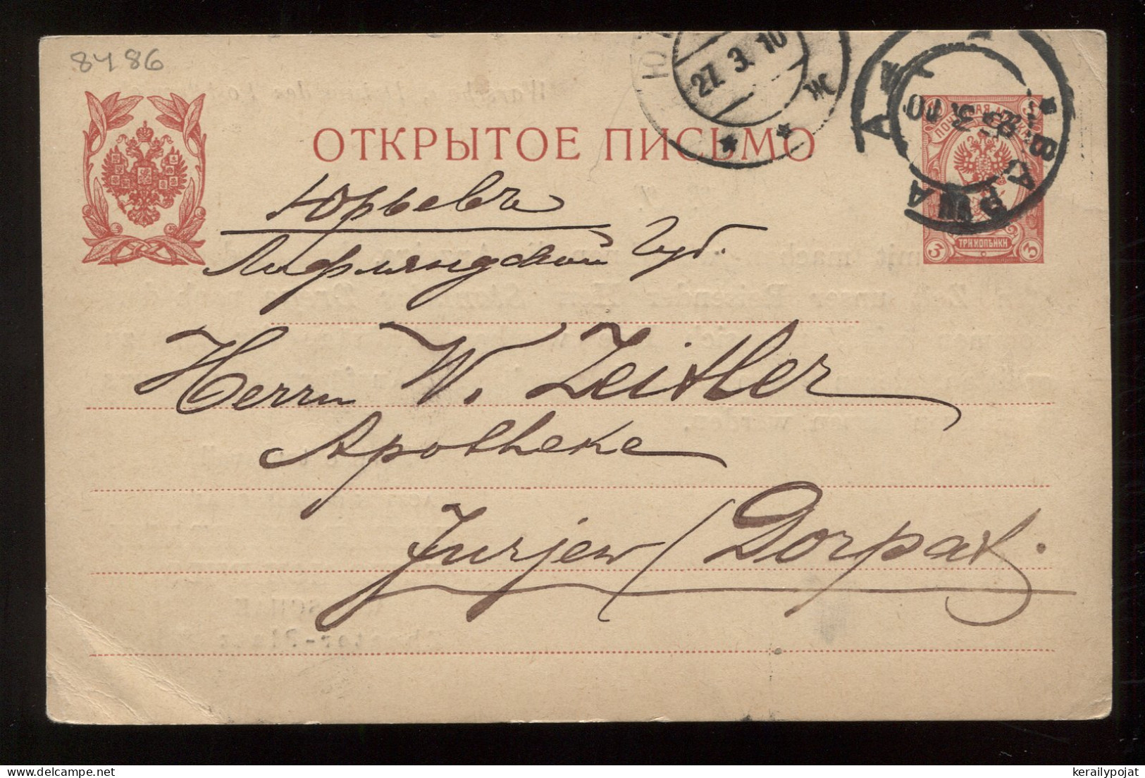 Russia 1910 3k Red Stationery Card To Dorpat__(8486) - Ganzsachen