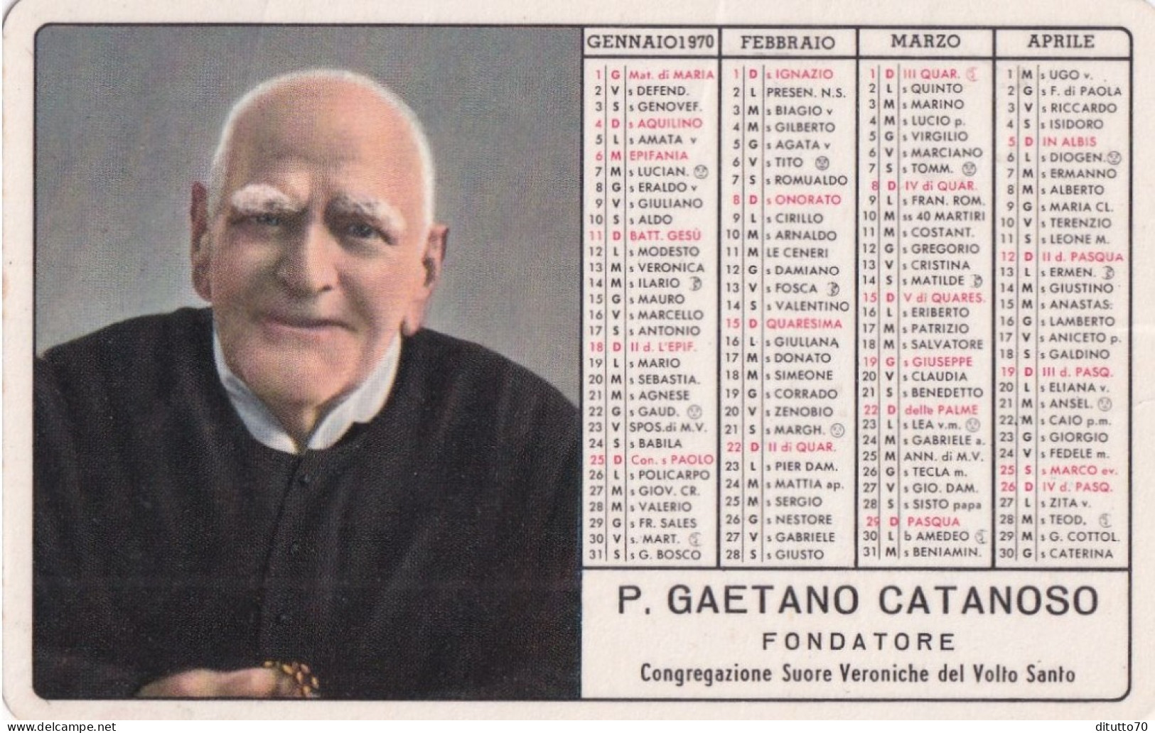 Calendarietto - P.gaetano Catanoso - Fondatore Congregazione Suore Veroniche Del Volto Santo - Reggio Calabria - Anno 19 - Petit Format : 1961-70