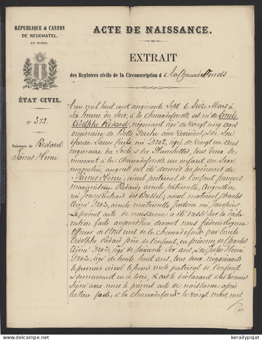 Switzerland 1857 Neuchatel Old Document__(10120) - Briefe U. Dokumente