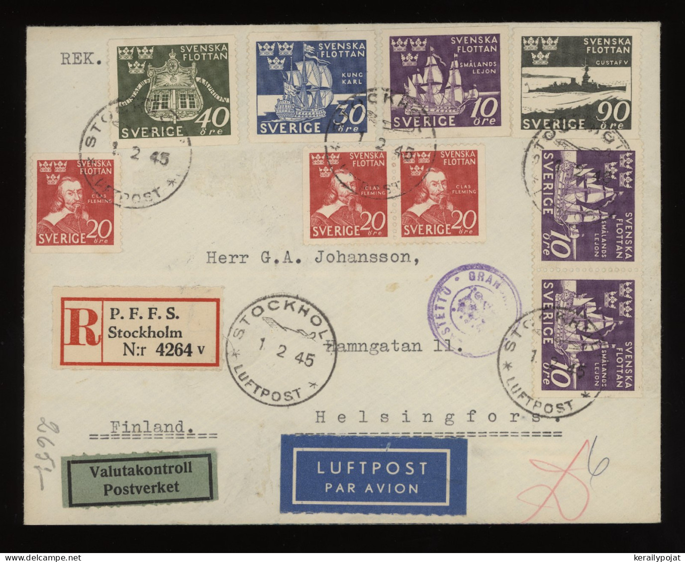 Sweden 1945 Stockholm Registered Air Mail Cover To Finland__(10482) - Brieven En Documenten