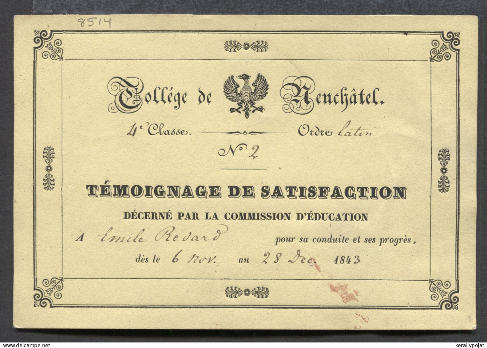 Switzerland 1843 Neuchatel Old Document__(8514) - ...-1845 Prephilately