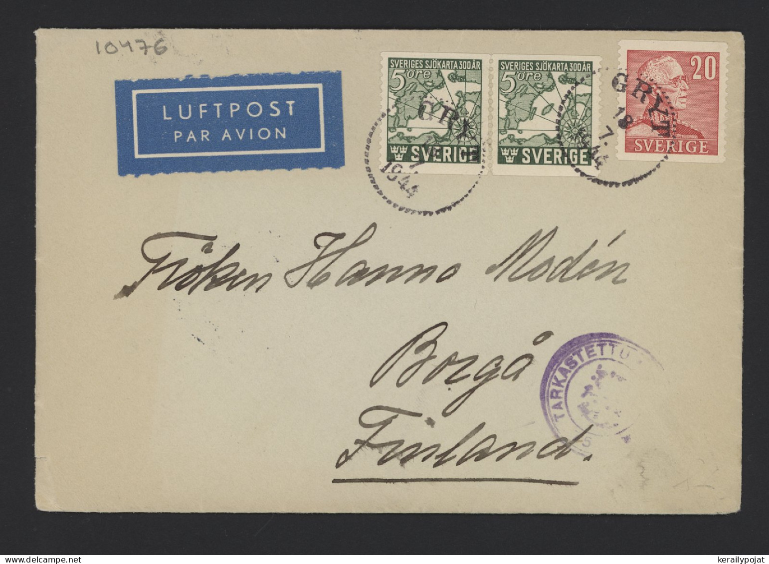 Sweden 1944 Gryt Censored Air Mail Cover To Finland__(10476) - Briefe U. Dokumente