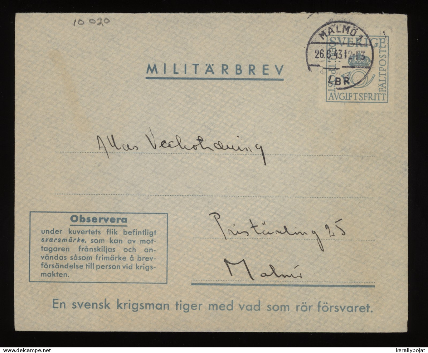 Sweden 1943 Malmö Militärbrev__(10020) - Covers & Documents