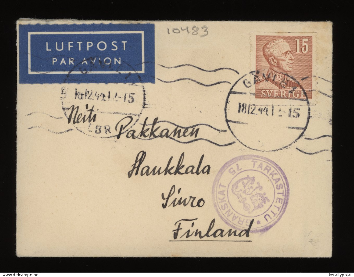 Sweden 1941 Gävle Censored Air Mail Cover To Finland__(10483) - Cartas & Documentos