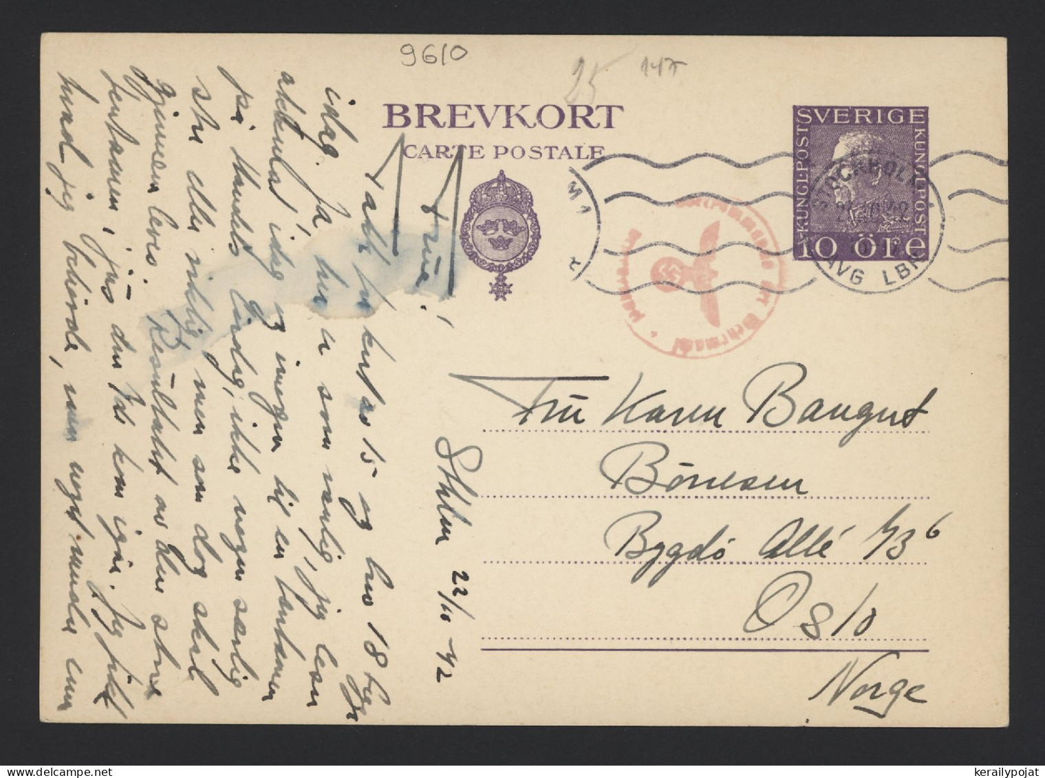 Sweden 1942 Stockholm Censored Stationery Card To Norway__(9610) - Ganzsachen