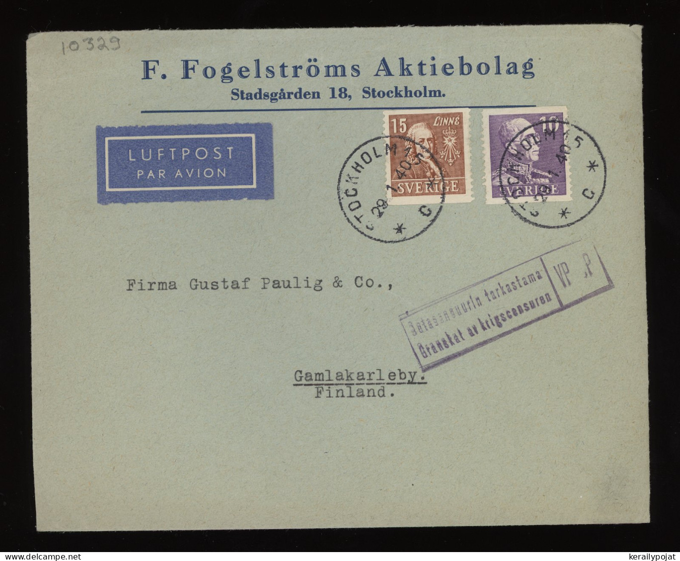 Sweden 1940 Stockholm Censored Air Mail Cover To Finland__(10329) - Storia Postale